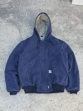 Carhartt FR Jacket Men Medium Blue Navy Canvas Hooded Fleece Quilted Lined